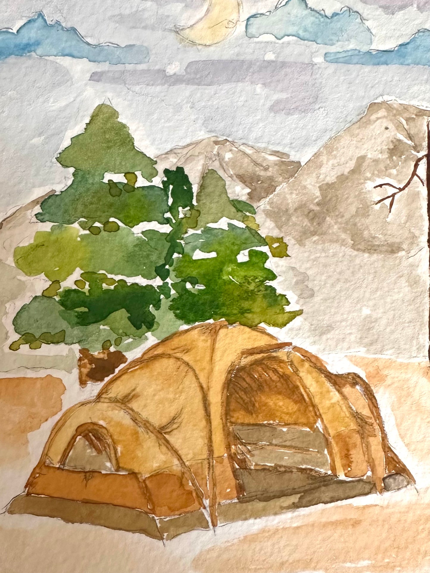 Outdoor Aquarell Zelt mit Berglandschaft im Postkarten Format