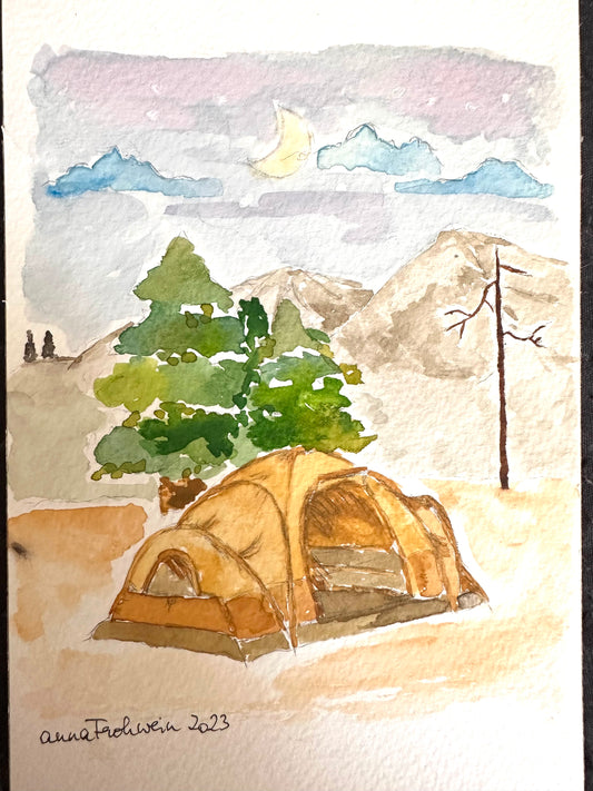 Outdoor Aquarell Zelt mit Berglandschaft im Postkarten Format